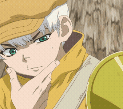 A Cartoon Character With White Hair And Green Eyes Is Wearing A Yellow Jacket And Hat GIF