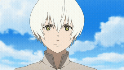 A Cartoon Character With White Hair And Green Eyes GIF