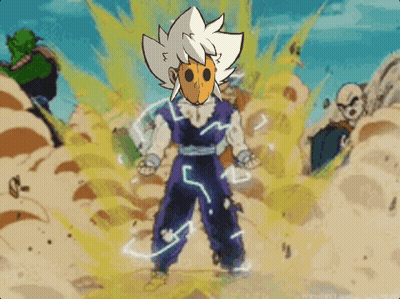 A Cartoon Character With White Hair And Orange Face Is Standing In The Sand GIF