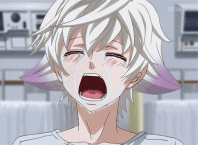 A Cartoon Character With White Hair And Purple Ears Crying GIF