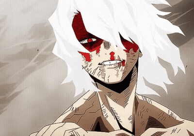 A Cartoon Character With White Hair And Red Eyes Has Blood On His Face GIF
