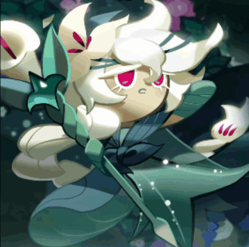 A Cartoon Character With White Hair And Red Eyes Holding A Fan GIF