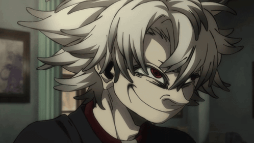 A Cartoon Character With White Hair And Red Eyes Is Making A Face GIF