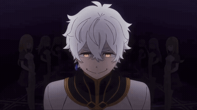 A Cartoon Character With White Hair And Yellow Eyes Stands In Front Of A Group Of Women GIF