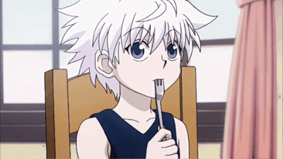 A Cartoon Character With White Hair Is Holding A Fork In His Mouth GIF