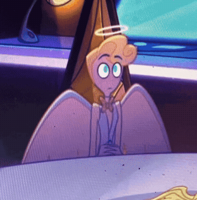 A Cartoon Character With Wings And A Halo On His Head Is Sitting At A Table GIF