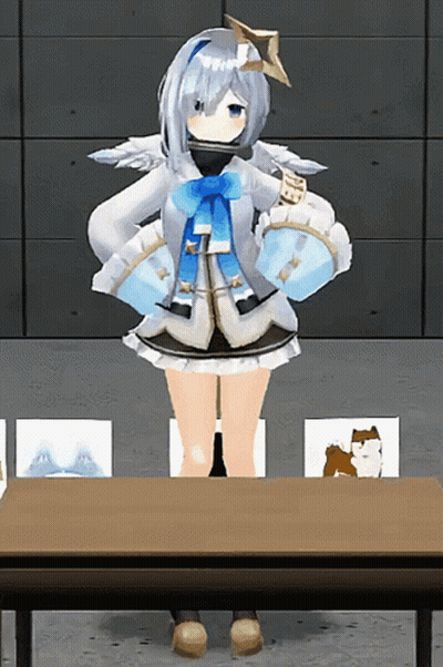 A Cartoon Character With Wings And A Star On Her Head Stands In Front Of A Table GIF