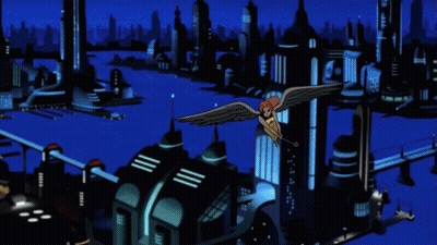 A Cartoon Character With Wings Is Flying Over A City GIF
