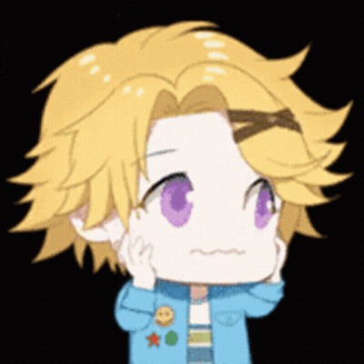 A Cartoon Character With Yellow Hair And Purple Eyes Is Wearing A Blue Jacket . GIF