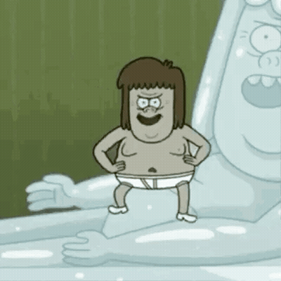 A Cartoon Character Without A Shirt Is Standing Next To A Statue Of A Man . GIF