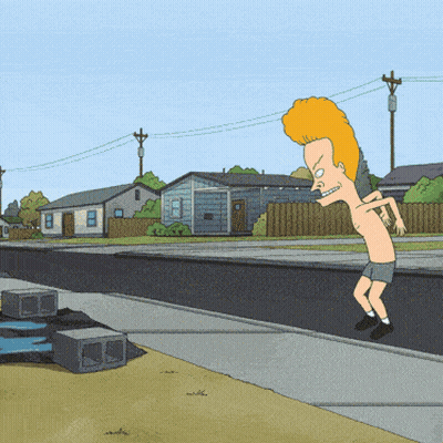 A Cartoon Character Without A Shirt Is Walking Down A Sidewalk GIF