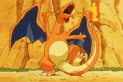 A Cartoon Charizard Is Holding A Fireball In Its Mouth While Standing In Front Of A Rock Wall . GIF