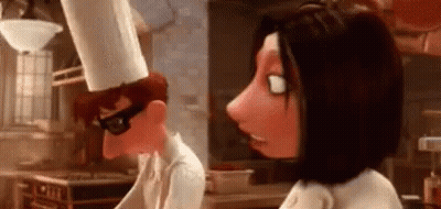 A Cartoon Chef And A Woman Are Standing Next To Each Other In A Kitchen . GIF