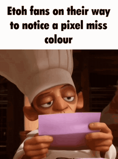 A Cartoon Chef Holding A Piece Of Paper That Says Etoh Fans On Their Way To Notice A Pixel Miss Color GIF