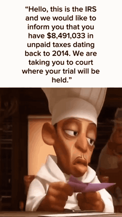 A Cartoon Chef Is Holding A Piece Of Paper That Says " Hello This Is The Irs And We Would Like To Inform You That You GIF