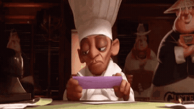 A Cartoon Chef Is Looking At A Piece Of Paper In His Hands . GIF