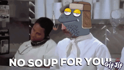 A Cartoon Chef Says No Soup For You In A Kitchen GIF