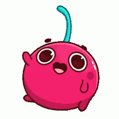 A Cartoon Cherry With Big Eyes And A Blue Stem Is Floating In The Air . GIF