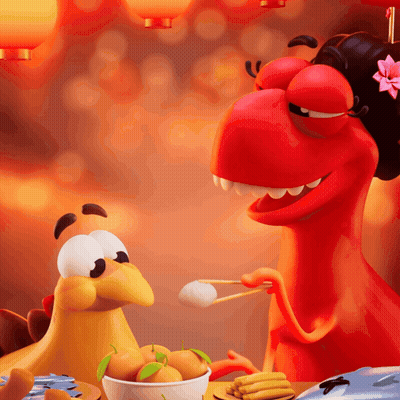 A Cartoon Chicken And A Dragon Are Sitting At A Table With Food GIF