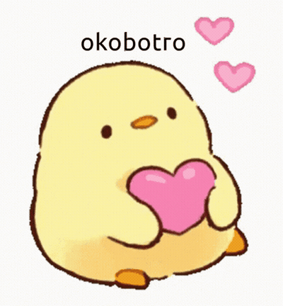 A Cartoon Chicken Holding A Pink Heart With The Words Okobotro Above It GIF