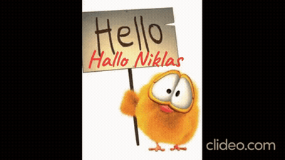 A Cartoon Chicken Holds A Sign That Says Hello Hallo Niklas GIF