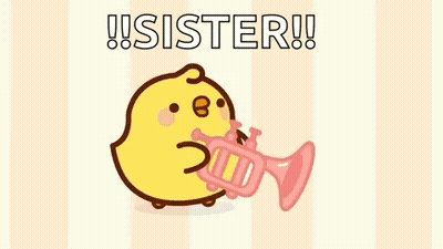 A Cartoon Chicken Is Blowing A Pink Trumpet And Says `` Sister '' . GIF
