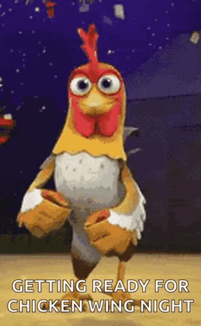 A Cartoon Chicken Is Dancing With The Words Getting Ready For Chicken Wing Night GIF