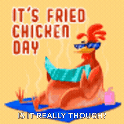 A Cartoon Chicken Is Sitting On A Blue Mat With A Blanket Around Its Neck . GIF