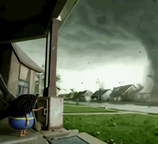 A Cartoon Chicken Is Standing On A Porch Watching A Tornado GIF