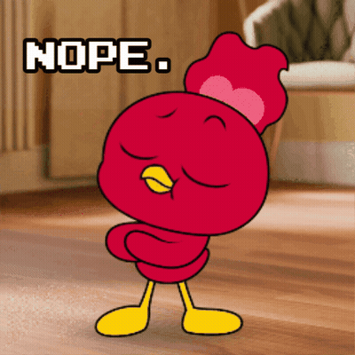 A Cartoon Chicken Is Standing On A Wooden Floor With The Word Nope Written Above It GIF