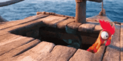 A Cartoon Chicken Is Sticking Its Head Out Of A Hole In A Wooden Dock . GIF