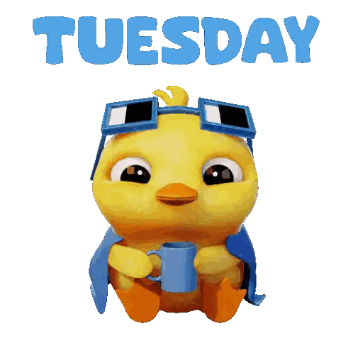 A Cartoon Chicken Wearing Goggles And A Cape Is Holding A Cup And The Word Tuesday Is Above Him Sticker