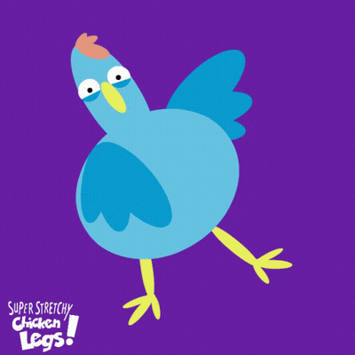 A Cartoon Chicken With Super Stretchy Chicken Legs Written On The Bottom GIF