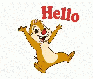 A Cartoon Chipmunk Is Jumping In The Air With His Arms Outstretched And The Words Hello Behind Him . GIF