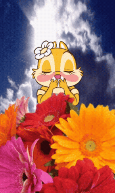 A Cartoon Chipmunk With A Flower On Her Head Smelling Flowers GIF