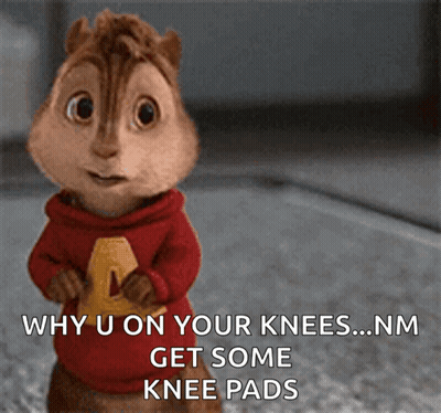 A Cartoon Chipmunk With The Words " Why U On Your Knees Nm Get Some Knee Pads " GIF