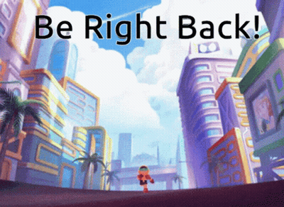 A Cartoon City With The Words " Be Right Back " On The Bottom GIF