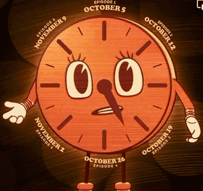 A Cartoon Clock With Arms And Legs Says Episode 1 October 5 Episode 2 October 12 Episode 3 October 19 Episode 4 GIF