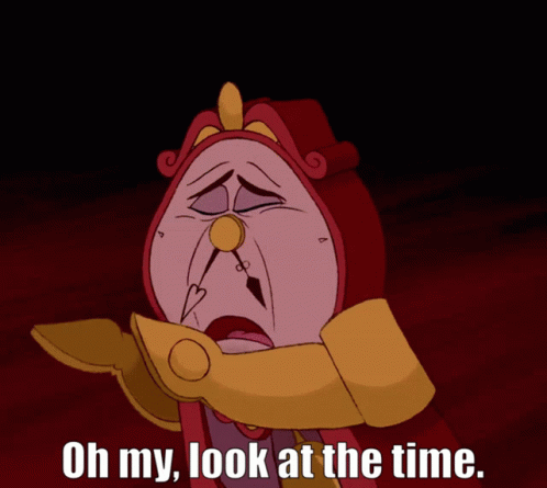 A Cartoon Clock With The Words Oh My Look At The Time Below It GIF