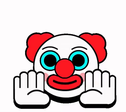 A Cartoon Clown With A Red Nose And Blue Eyes Is Holding His Hands Up . GIF