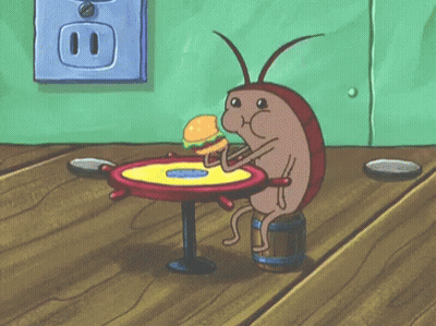 A Cartoon Cockroach Is Eating A Hamburger At A Table GIF