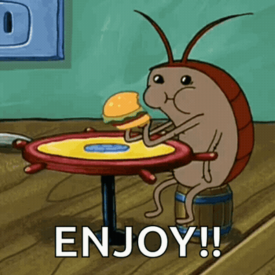 A Cartoon Cockroach Is Sitting At A Table Eating A Hamburger With The Words Enjoy Written Below It GIF