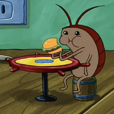 A Cartoon Cockroach Is Sitting At A Table With A Hamburger In Its Mouth . GIF