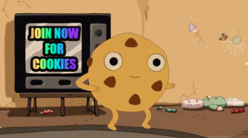 A Cartoon Cookie Is Dancing In Front Of A Tv That Says Join Now For Cookies GIF