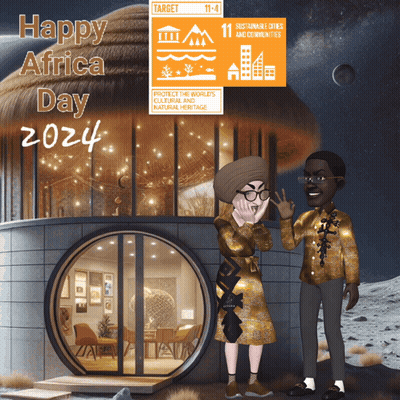 A Cartoon Couple Standing In Front Of A House With The Words Happy Africa Day 2024 GIF