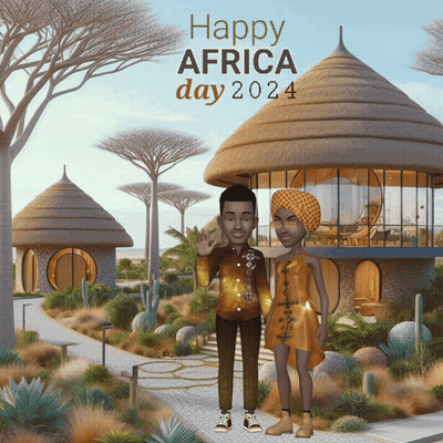 A Cartoon Couple Standing In Front Of A Thatched Hut That Says Happy Africa Day GIF