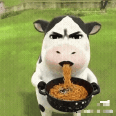 A Cartoon Cow Is Eating Noodles From A Bowl . GIF