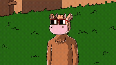 A Cartoon Cow Wearing Sunglasses Is Standing In A Field GIF