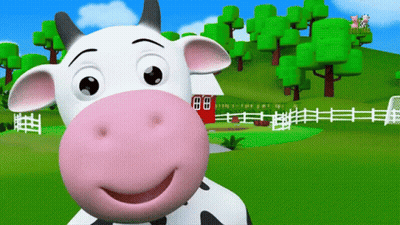 A Cartoon Cow With A Pink Nose Is Smiling In Front Of A Red Barn GIF