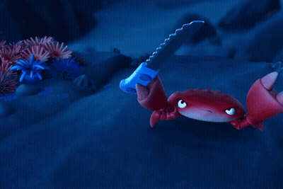 A Cartoon Crab Is Holding A Knife In Its Hand GIF